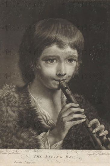 Boy playing the flute, print, album page, A boy playing the flute dressed in a fur over a white