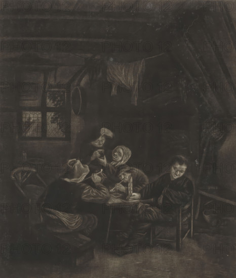 Peasant interior, print, album page, An interior with five peasants at a table. Two men are smoking