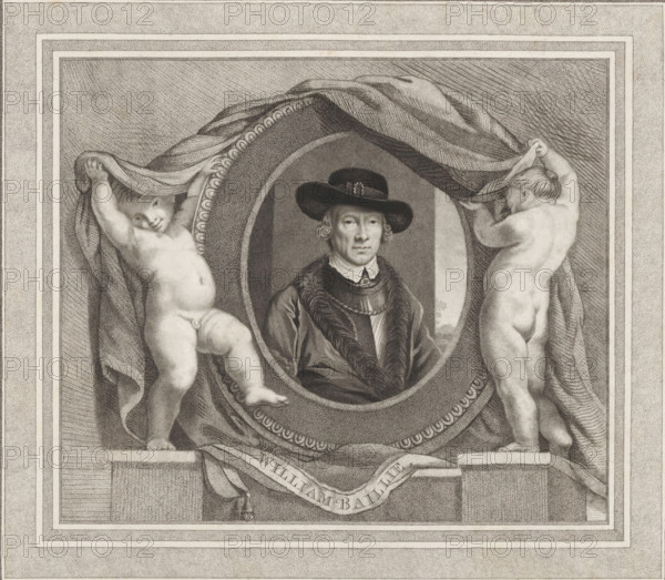 Portrait of William Baillie, print, album page, Two putti reveal a portrait of William Baillie.,
