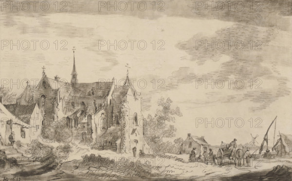 Seaside village with church, print, album page, printmaker: William Baillie, after drawing by Jan