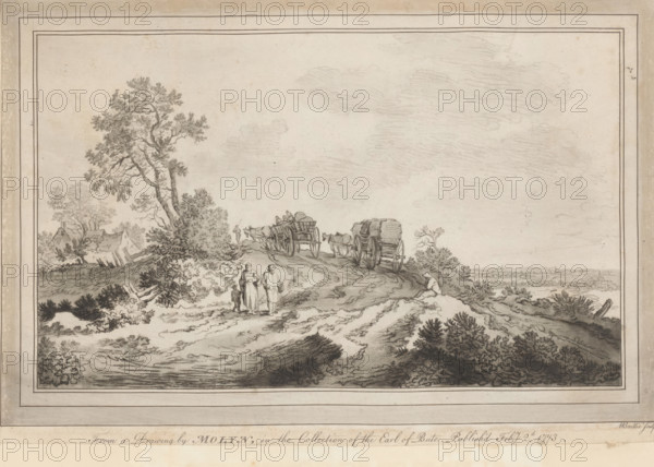 Landscape with two wagons on a road, print, album page, Landscape with a house and tree along a