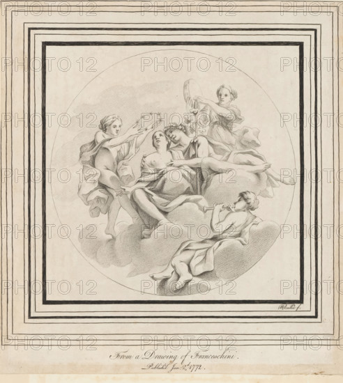 Bacchus and Ariadne, print, album page, Bacchus and Ariadne sitting in the clouds. Around him three