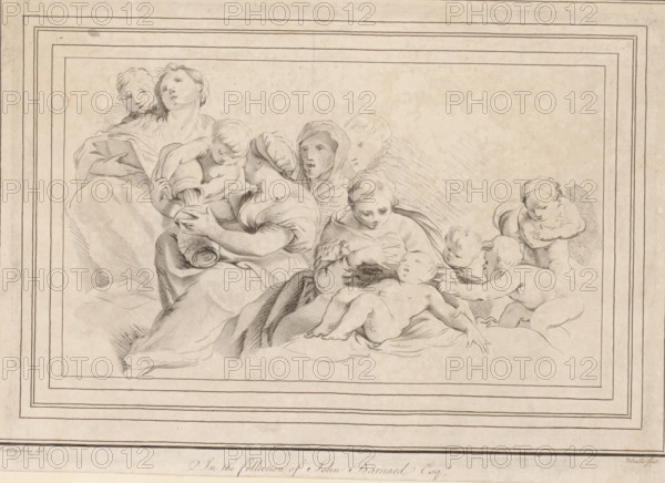 Worried mother and the sick child, print, album page, A woman bends over a sick child in her arms.