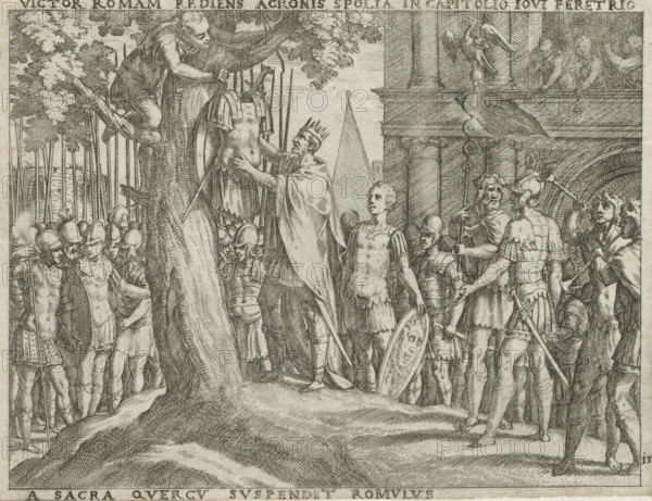 Victor Romam, Suspendit Romulus, Romulus hangs the armor of Acron in a sacred tree on the Capitol,