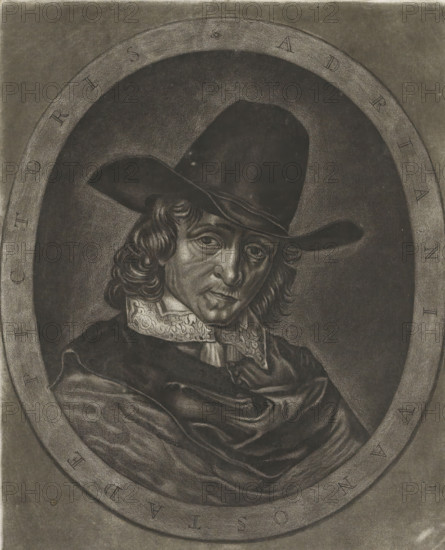Portrait of Adriaen van Ostade, print, album page. The painter is wearing a hat. In an oval frame,