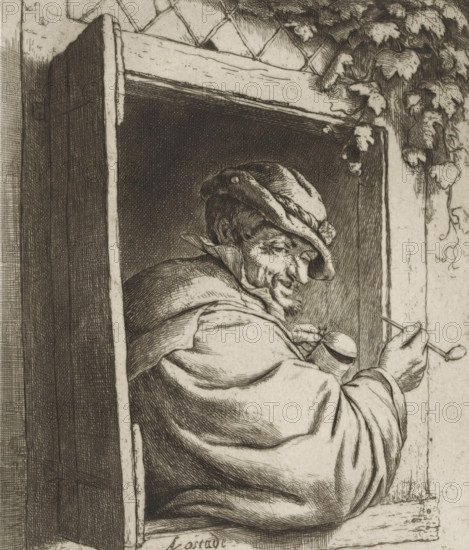 Smoking farmer in a window opening, print, album page, Farmer or man with pipe and drinking cup in