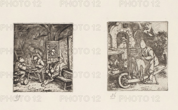 Knife sharpener at work at a shoemaker's, print, album page, A knife sharpener sharpens the tools