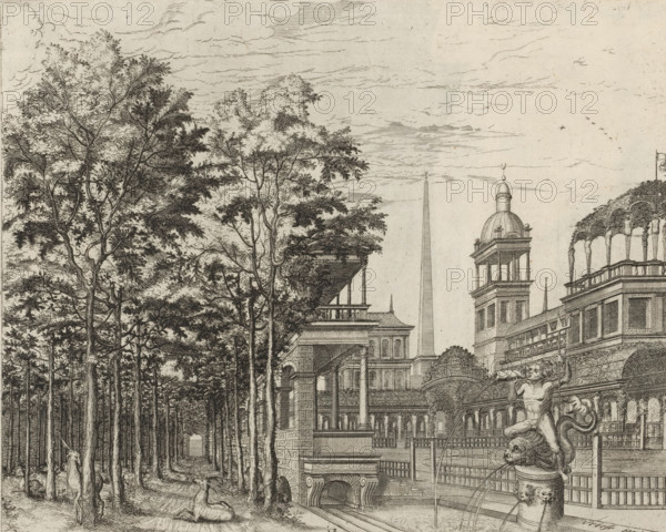 Tree-lined avenue and palace garden, Variae architecturae formae, print, album page, ornamental