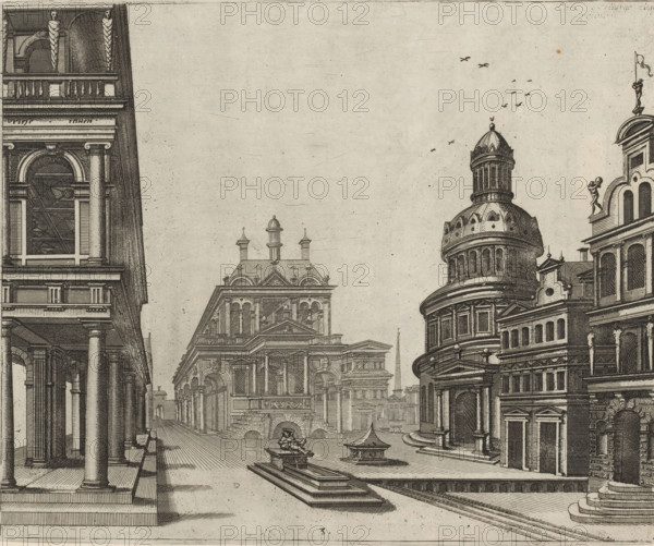 Square with a small fountain and various buildings, Variae architecturae formae, print, album page,