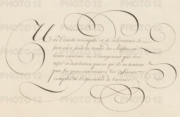Writing example: Une Voix de triomphe et de delivrance, print, album page, ornament print,