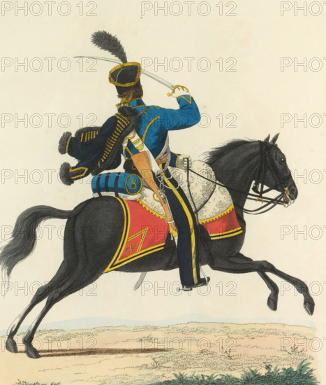 Hussar, on horseback, in full dress, print, A Dutch hussar of the 8th Hussar Regiment, in full