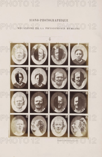 Overview of subjects with various facial expressions: 'un vieillard' and 'une jeune femme',