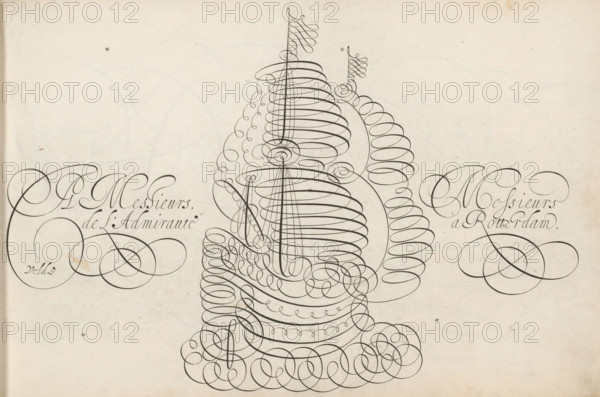 Writing example with admiral's ship, Spieghel der schrijfkonste, print, album page, ornamental