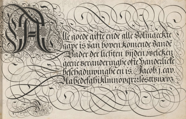 Writing example: Alle goede gifte, Spieghel der schrijfkonste, print, album page, ornamental print,