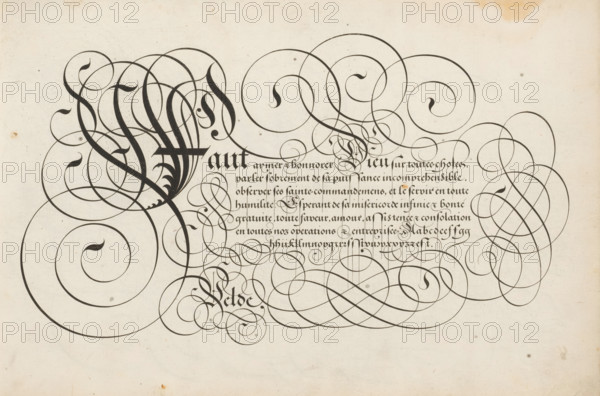 Writing example: Faut aymer, Spieghel der schrijfkonste, print, album page, ornamental print,