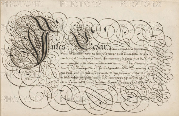 Writing example: Jules Cesar, Spieghel der schrijfkonste, print, album page, ornamental print,