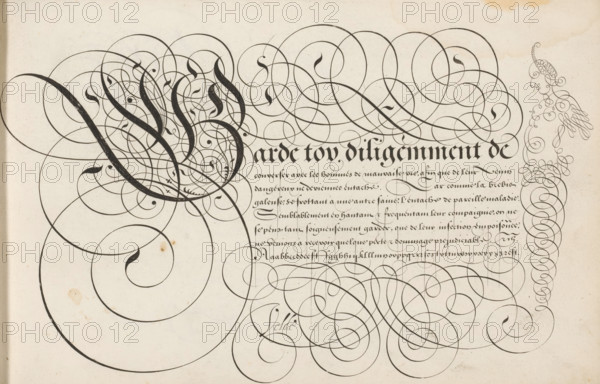 Writing example: Garde toy, Spieghel der schrijfkonste, print, album page, ornamental print,