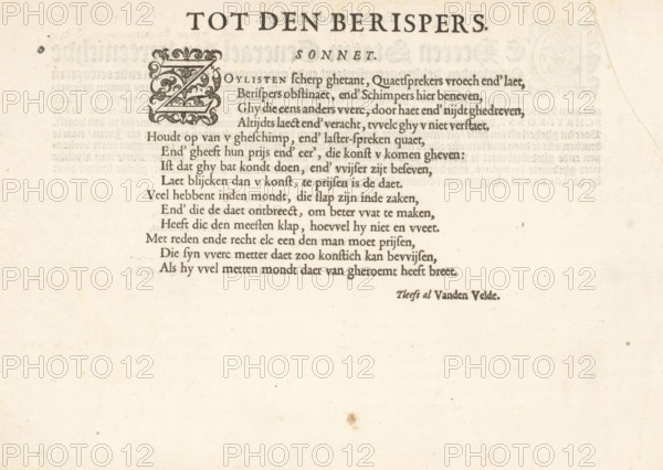 To the Critic. Sonnet, Sonnet by Jan van de Velde, Mirror of the Art of Writing, album page, text