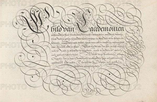 Writing example: Chilo van Lacedemonien, Spieghel der schrijfkonste, print, album page, ornamental