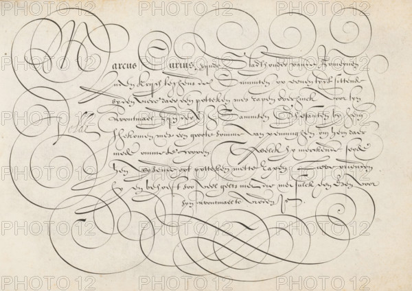 Writing example: Marcus Curius, Spieghel der schrijfkonste, print, album page, ornamental print,