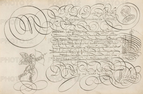 Writing example: A Mons. Jean van de Veke, Spieghel der schrijfkonste, print, albumblad,
