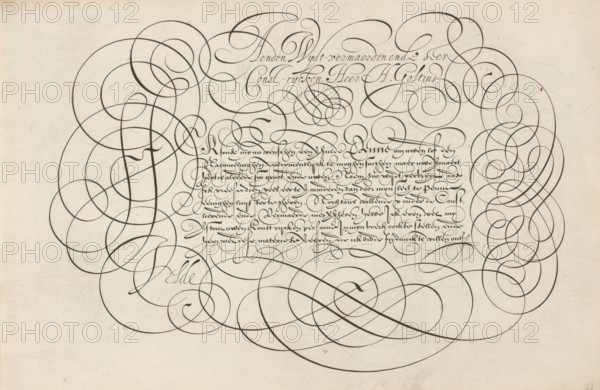 Writing sample: To the widely renowned, Mirror of the Art of Writing, print, album page, ornamental