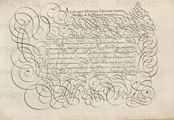 Writing example: A tres expert, Spieghel der schrijfkonste, print, album page, ornamental print,