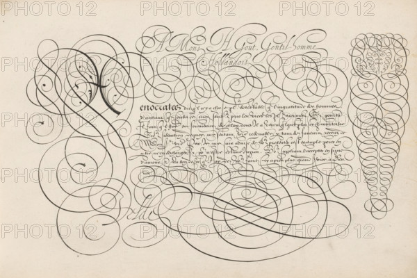 Writing sample: A Mons H. Gout, Spieghel der schrijfkonste, print, album page, ornamental print,