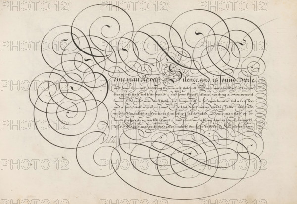 Writing sample: Some man keepeth silence, Spieghel der schrijfkonste, print, album page, ornamental