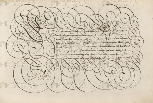 Writing example: Es ist, Spieghel der schrijfkonste, print, album page, ornamental print, Writing