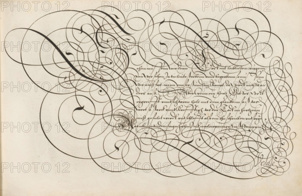 Writing example: Sehen, Spieghel der schrijfkonste, print, album page, ornamental print, Writing