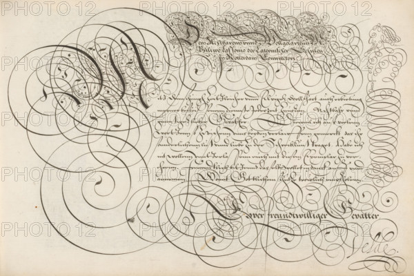 Writing sample: Den achtbarem unnd volgelartem, Spieghel der schrijfkonste, print, album page,