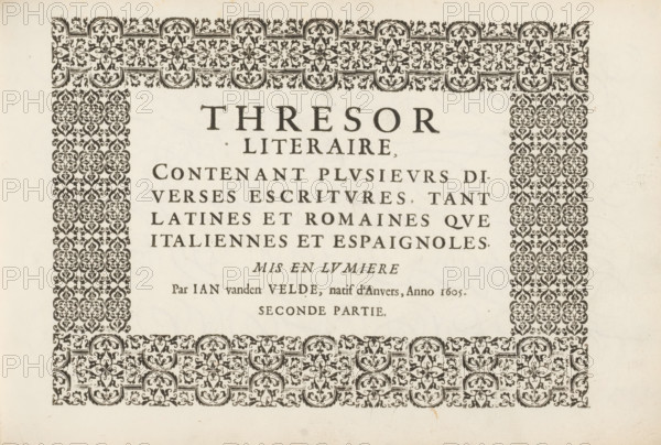 Subtitle in a frame of fleurons, Spieghel der schrijfkonste, Thresor literaire, contenant plusieurs