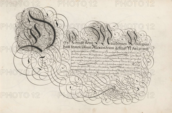 Writing example: Der konigh vonn Macedonien, Spieghel der rijkonste, Thrésor litéraire, print,