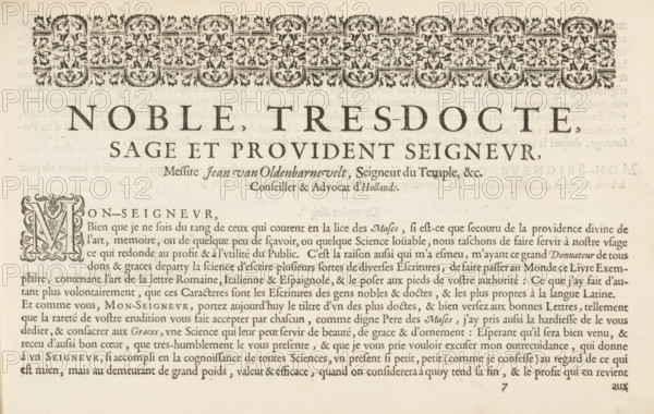 Dedication to Johan van Oldenbarnevelt, page 1 of 2, Noble, Tres-Docte, Sage et Provident Seigneur,