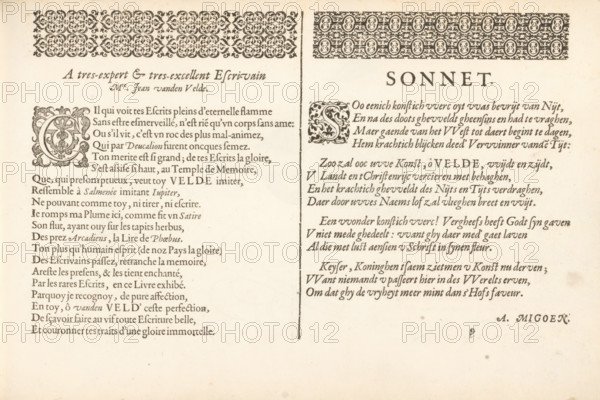 Two threshold poems, Spieghel der schrijfkonste, Thrésor litéraire, album page, text sheet, Text