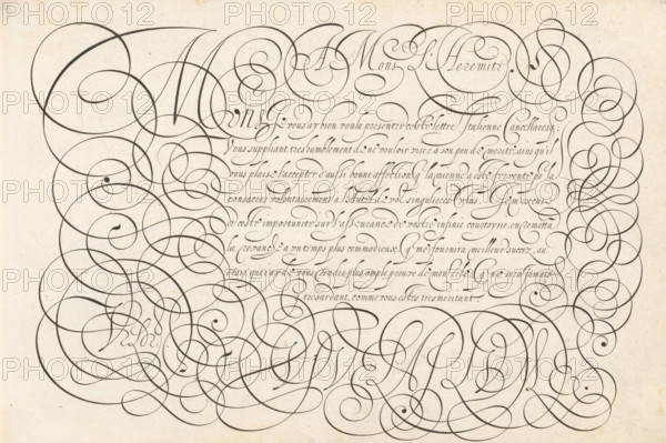 Writing example: A Mons. L'Heremite, Spieghel der schrijfkonste, Thrésor litéraire, print, album