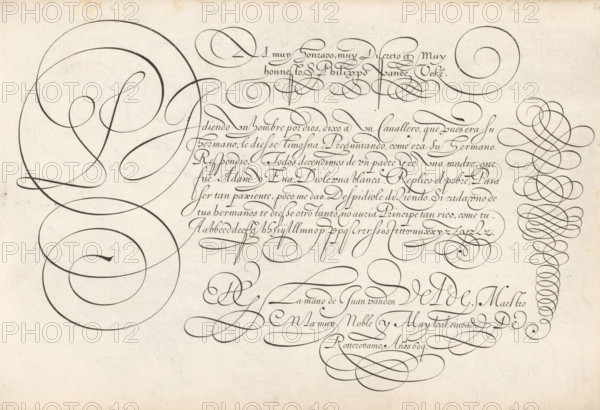 Writing example: Al muy honrado, Thrésor litéraire, Spieghel der schrijfkonste, print, albumblad,