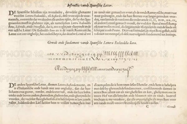 Description of the Spanish letter and a writing example of the Spaensche Lettera Redondilla Llana,