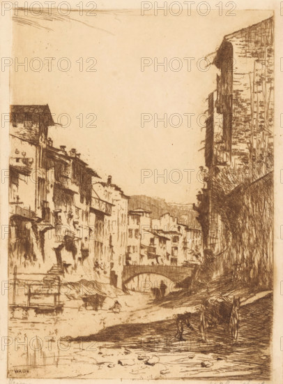 Verona (original title on object), print, A bridge over the almost dry bed of a river. Buildings on
