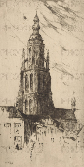 Tower of the Grote Kerk in Breda, print, printmaker: Willem Adrianus Grondhout (signed by artist),