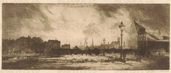 Harbour quay with lampposts in Rotterdam, print, A crane in the background on the right.,
