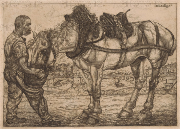 Man feeding a horse from a bucket, L'Outillage (original series title on object), print, In the