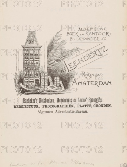Advertisement of Algemeene Boek- en Kantoorboekhandel Joh's Leendertz in Amsterdam, advertisement,
