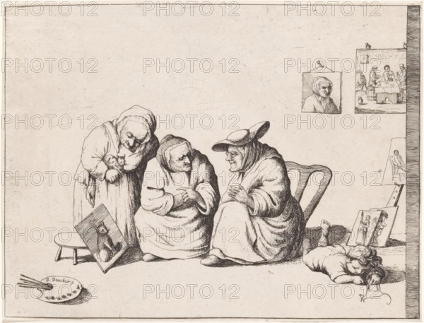 Three old women look at a painting of a cat, print, One of the women has a cat under her arm. On
