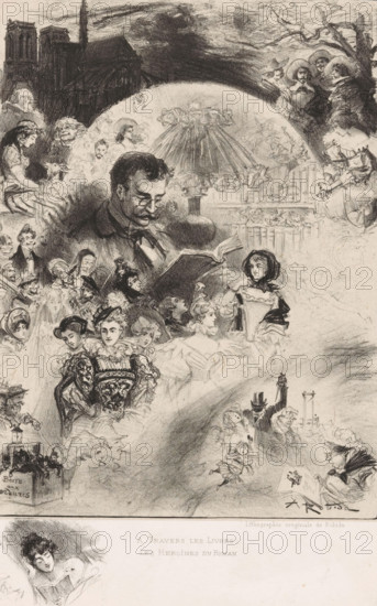 A travers les livres: les heroines du roman, Reading man surrounded by novel characters, print,