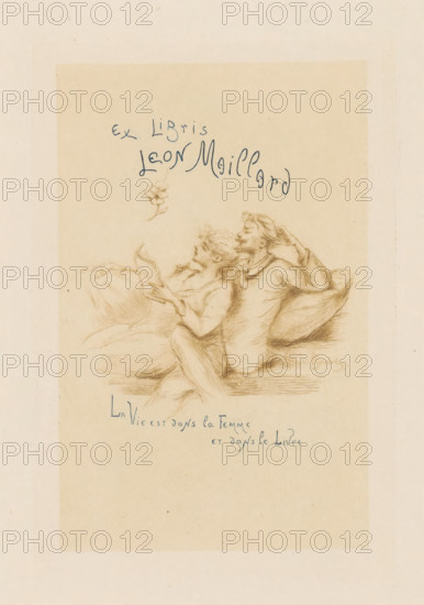 Ex libris Leon Maillard, Ex libris by Leon Maillard, print, bookplate, A reading woman leans