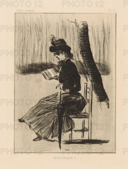 Woman with a book and an umbrella on a chair outside, Petits Croquis 5, print, Numbered top right: