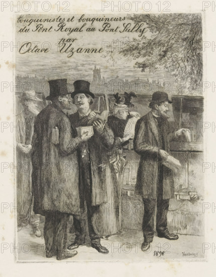 Bookstalls on a quay in Paris, Title page for: Octave Uzanne, Les Quais de Paris, 1896, print,