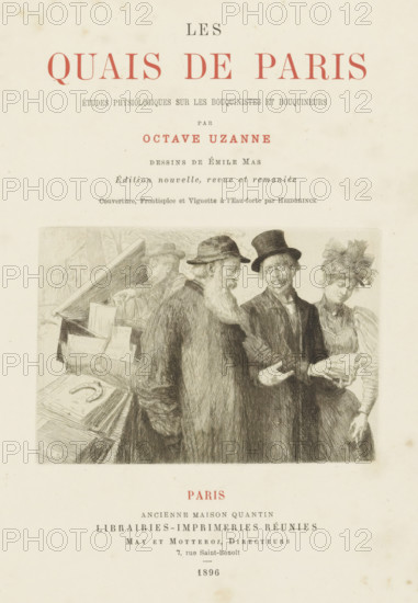 Man and a woman in conversation with a bookseller, Title page forward: Octave Uzanne, Les Quais de